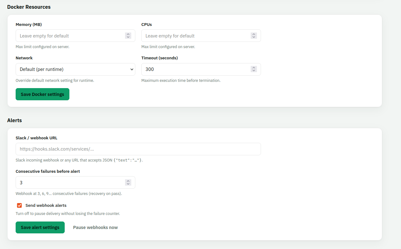 Per-test Docker resource limits and alert settings