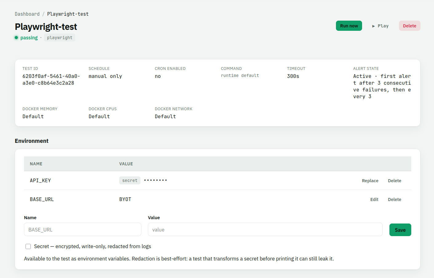 Environment variables, with API_KEY stored as a write-only secret