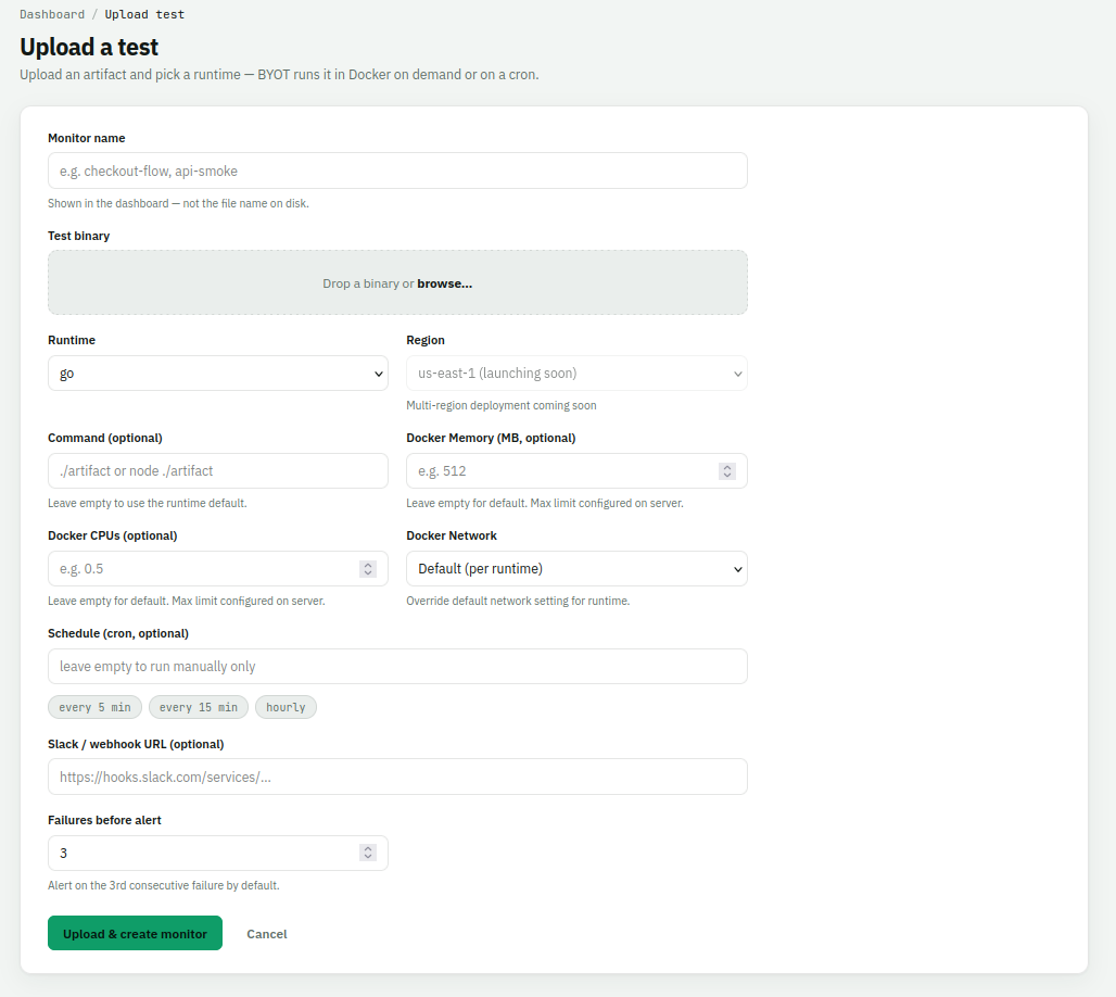 The upload form: monitor name, test binary, runtime, resource limits, cron schedule and webhook